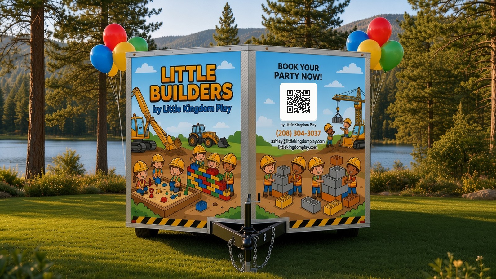 The V-nose front of the Little Builders 8.5x20 trailer, reading Little Builders by Little Kingdom Play and Book Your Party Now with a QR code, (208) 304-3037 and littlekingdomplay.com