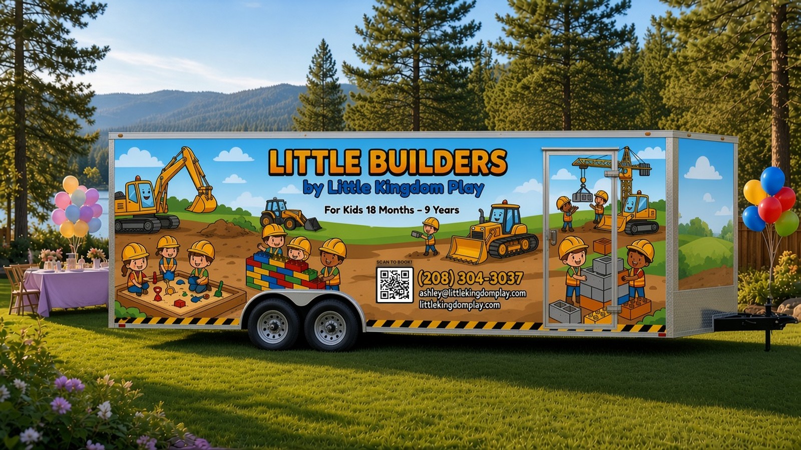 The Little Builders 8.5x20 V-nose trailer, door side: construction scene with an entry door, reading Little Builders by Little Kingdom Play, For Kids 18 Months to 9 Years, with a QR code, (208) 304-3037, ashley@littlekingdomplay.com and littlekingdomplay.com