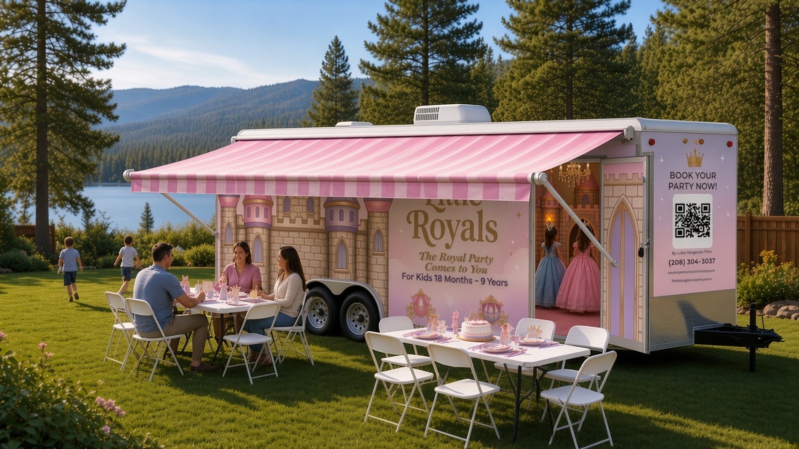 Little Royals Base Party Package setup: cake tables set with themed plates, napkins and utensils