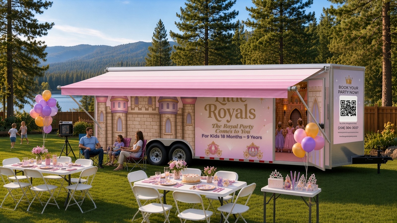 Little Royals Party Plus setup: themed cake tables with balloons, a party speaker and take-home toy souvenirs