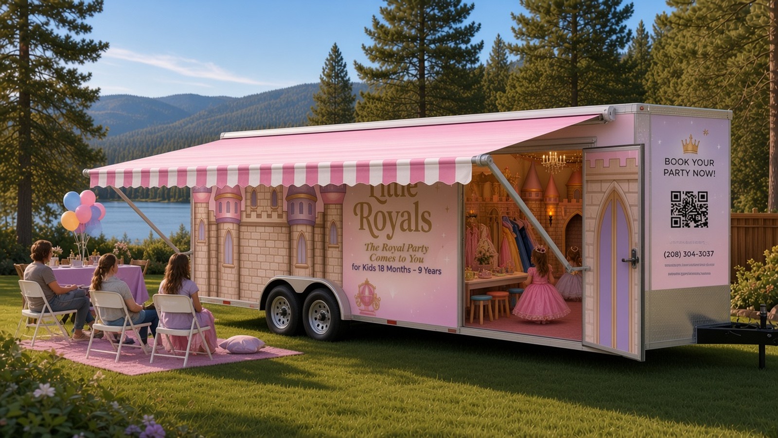 The Little Royals trailer at a lakeside garden party: parents relax on folding chairs on a pink rug in the shade of its pink-and-white striped RV-style roll-out awning while girls in gowns and play crowns play inside the open castle-arch side door