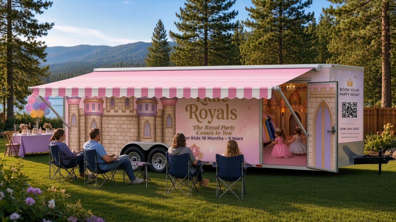 The Little Royals trailer with its pink-and-white striped RV-style roll-out awning extended on the passenger side and parents seated in camp chairs in the shade