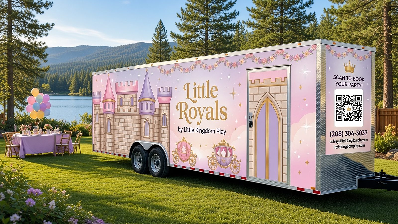 Design concept of the Little Royals trailer: a pink and lavender castle-wrapped trailer reading Little Royals by Little Kingdom Play, parked by a lake and pines at a backyard party