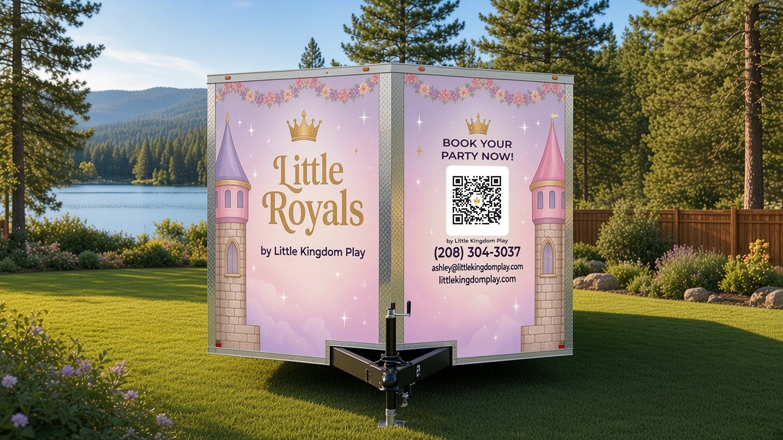 Design concept of the Little Royals V-nose front, reading Little Royals by Little Kingdom Play and Book Your Party Now with a QR code, (208) 304-3037 and littlekingdomplay.com