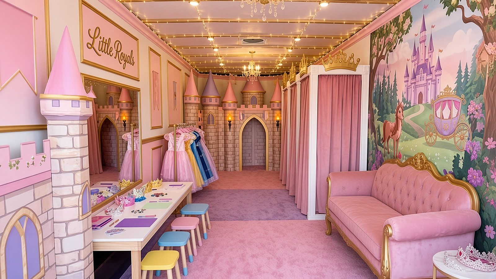 Design concept of the Little Royals interior: a pink castle play room with a dress-up rack, a crown craft table, a velvet sofa, twinkle lights and a Little Royals sign